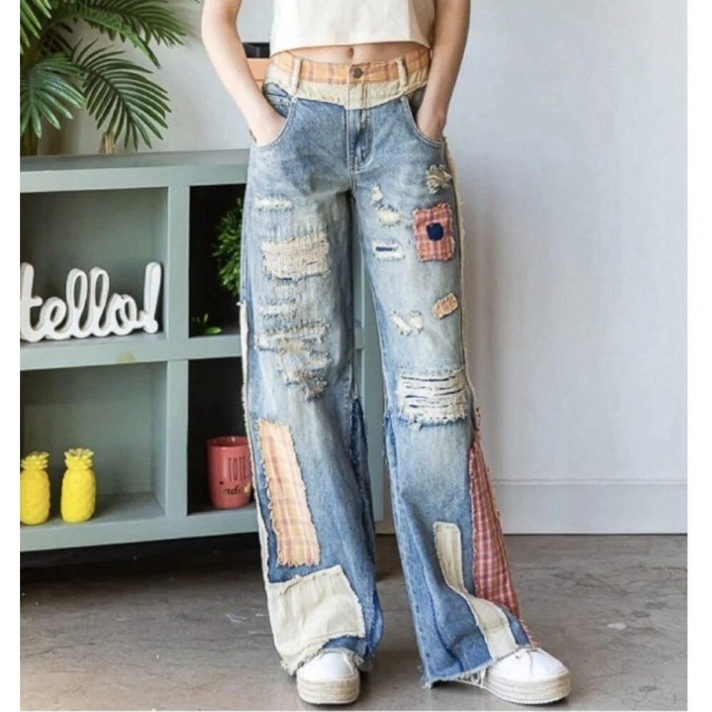 OH Oli & Hali Patch Detail Wide Straight Denim Pants XL Boho Festival